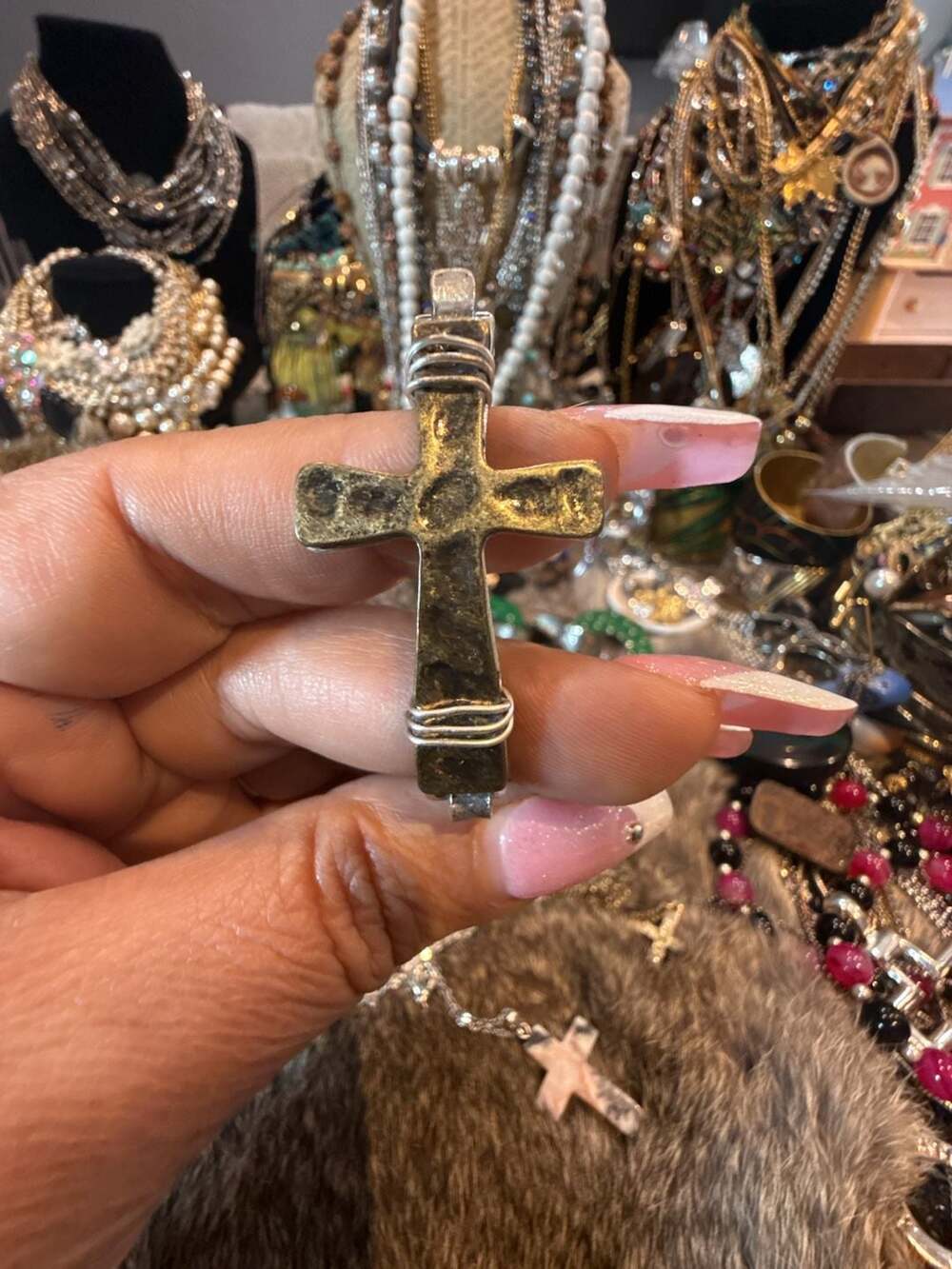 Artisan Hammered Silver-tone Cross Cuff Bracelet